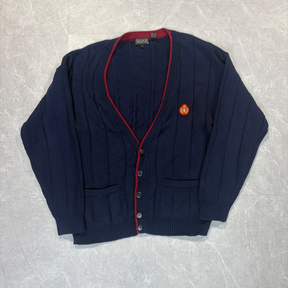 Vintage Sweater Graphix Mens Navy Blue Red Trim Crest Cardigan L RN 52469